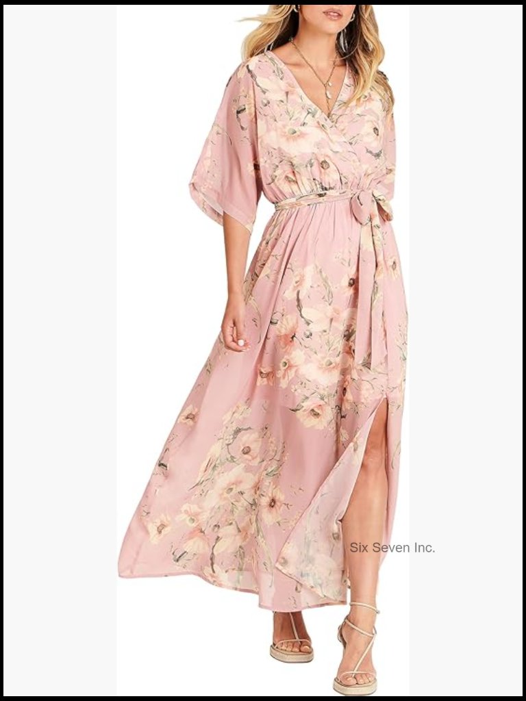 Wrap V Neck Maxi Dress With 3/4 Sleeves, Elastic Waist, High Slit